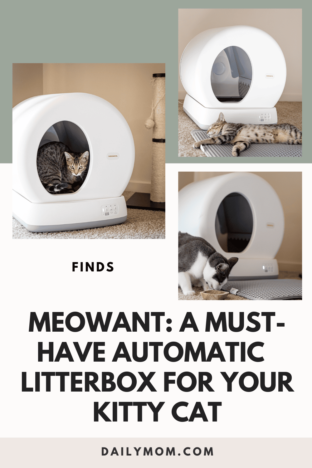 Collage showing cats around the automatic litter box in a home environment.