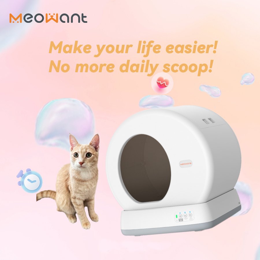 Pastel lifestyle graphic featuring an automatic litter box and cat.